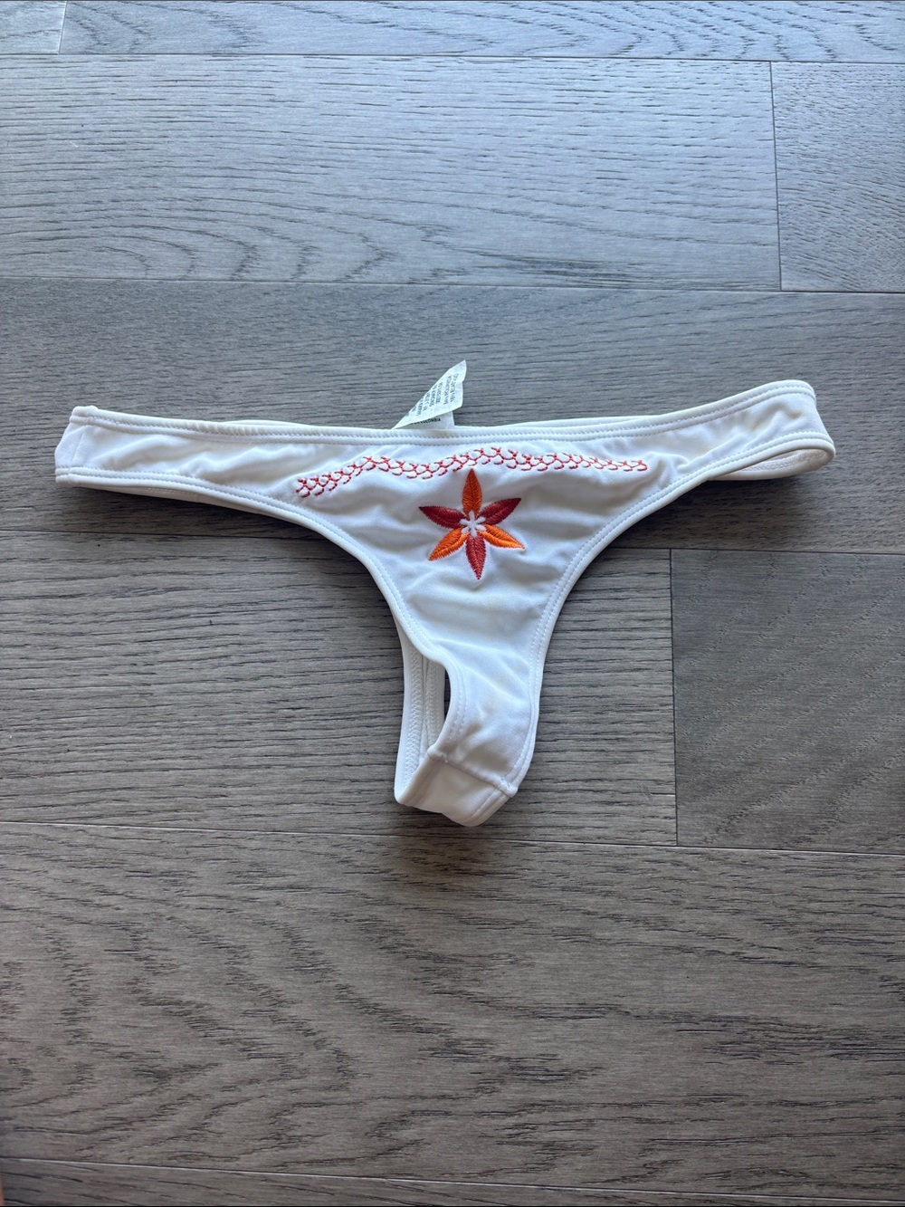 Women's White Thong Bikini Bottom with Orange Floral Embroidery